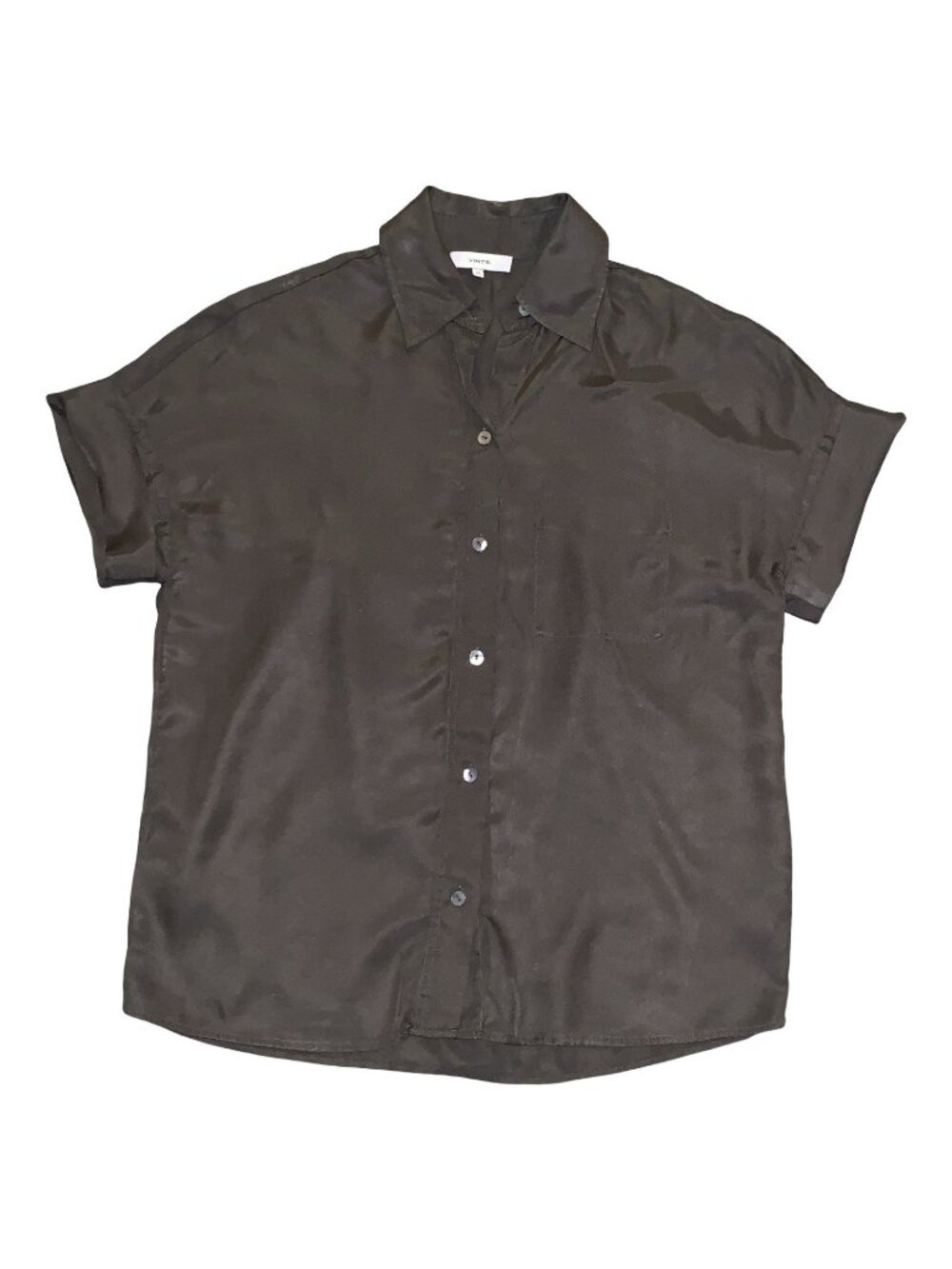Vince Women's Silk Blend Short Sleeve Button Down Shirt Olive Green XS 2021